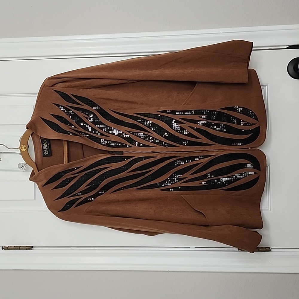 Bob Mackie Wearable Art Brown Zebra Sequin Zip Up Jacket Size Large